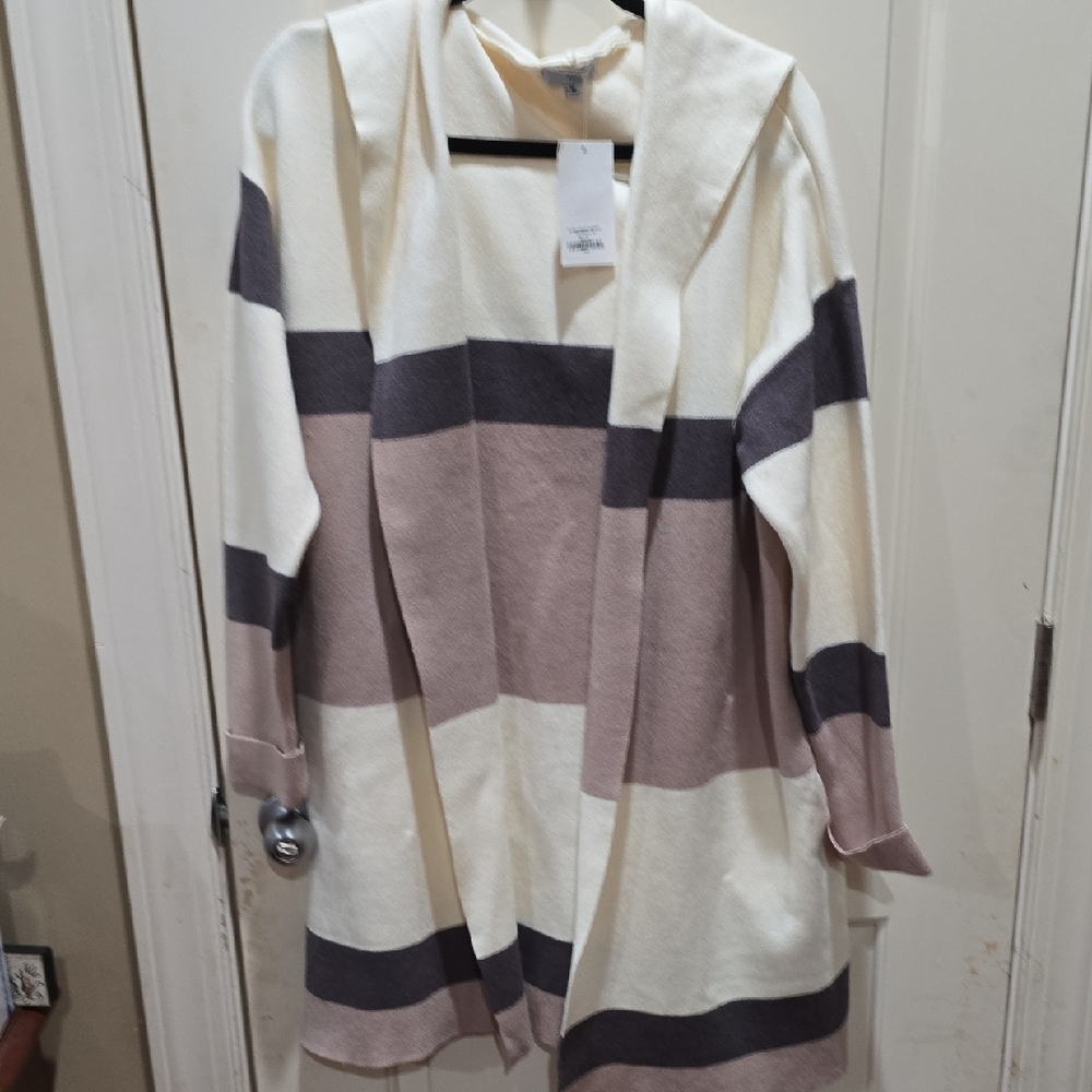 Fate Colorblock Hooded Cardigan in Cream, Gray, and Tan
